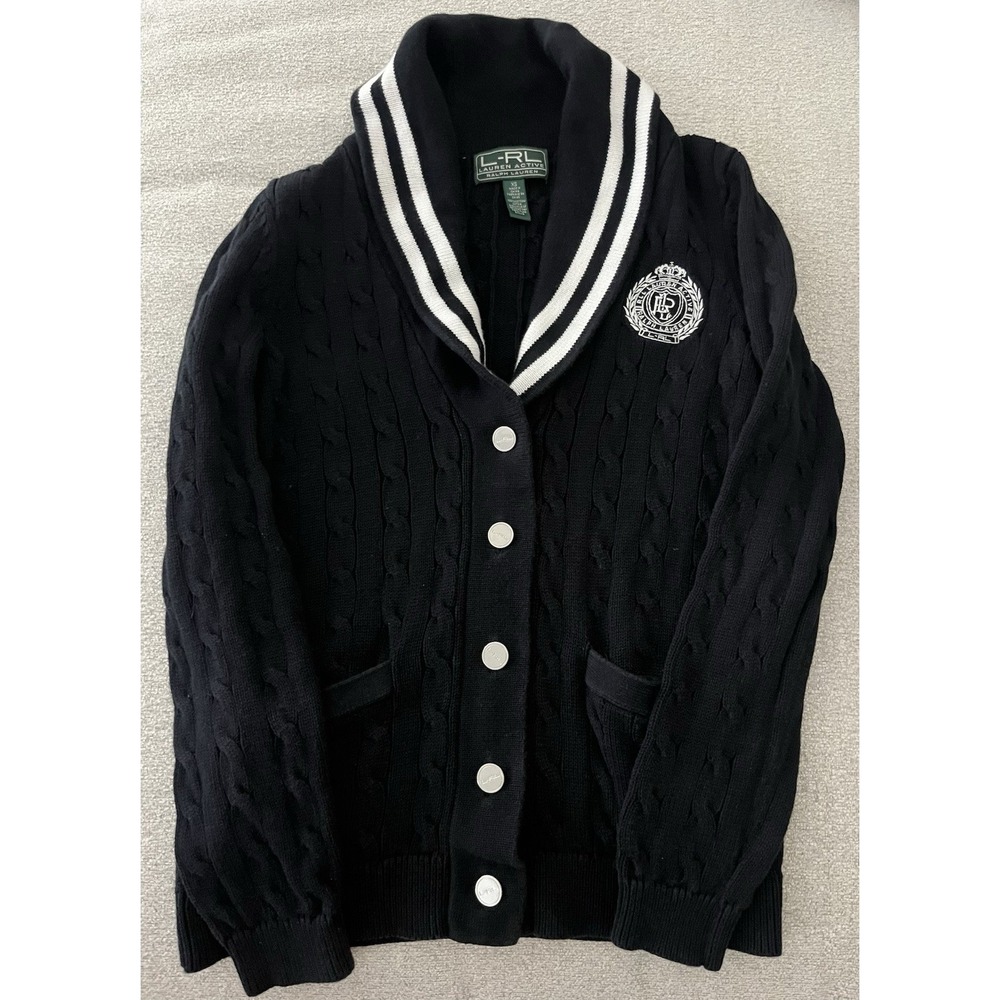 Lauren Ralph Lauren Active Cardigan Blk Varsity Cable Knit Shawl Collar Size XS - Picture 6 of 14
